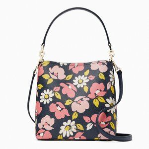 New Kate Spade Darcy Small Bucket Bag Grain Leather Road Trip Floral Blue Multi